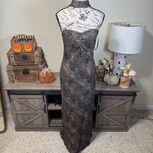 VTG Gunne Sax Jessica McClintock Y2K Glitter Leopard Halter Maxi Dress Jr Sz 9